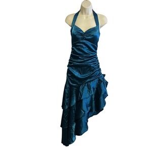 Juno Vintage Small Teal Satin Tiered Halter Prom Dress Cocktail Evening Gown 90s